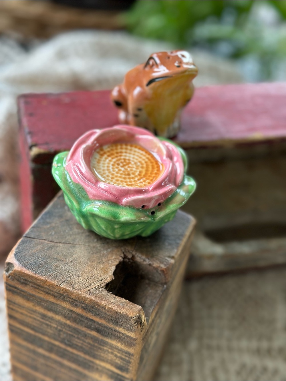 Vintage Frog & Rose Salt Pepper Shakers Ceramic Cottagecore Japan